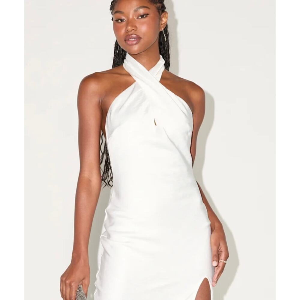 New! Lulus Beyond Classy White Satin Halter Midi Dress Sz M #15